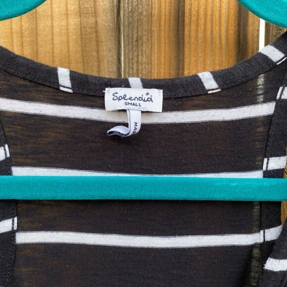 Splendid Striped Racerback V Neck Ruffle Trim Tank Top Black and White Small - Picture 6 of 6